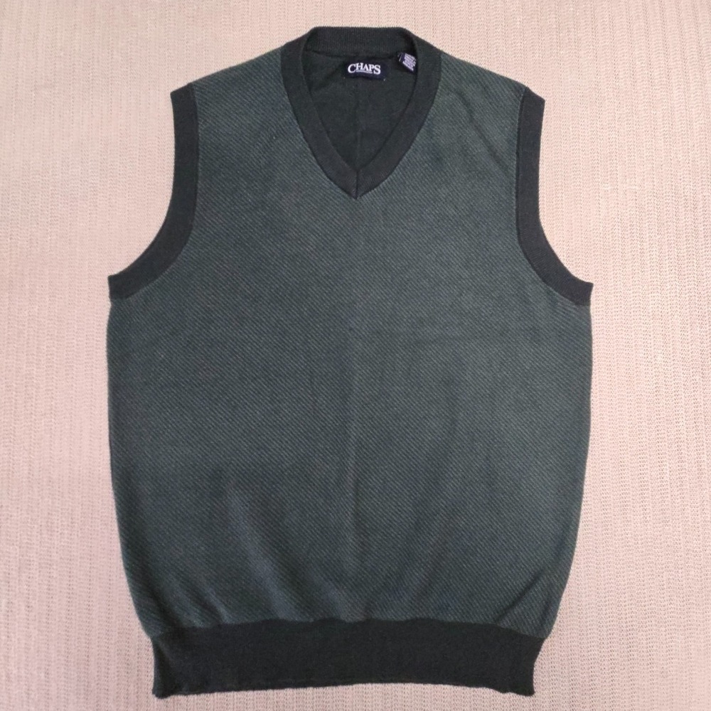 Chaps Sweater Vest Mens Medium Green Patterned V Neck Knit Logo Sleeveless